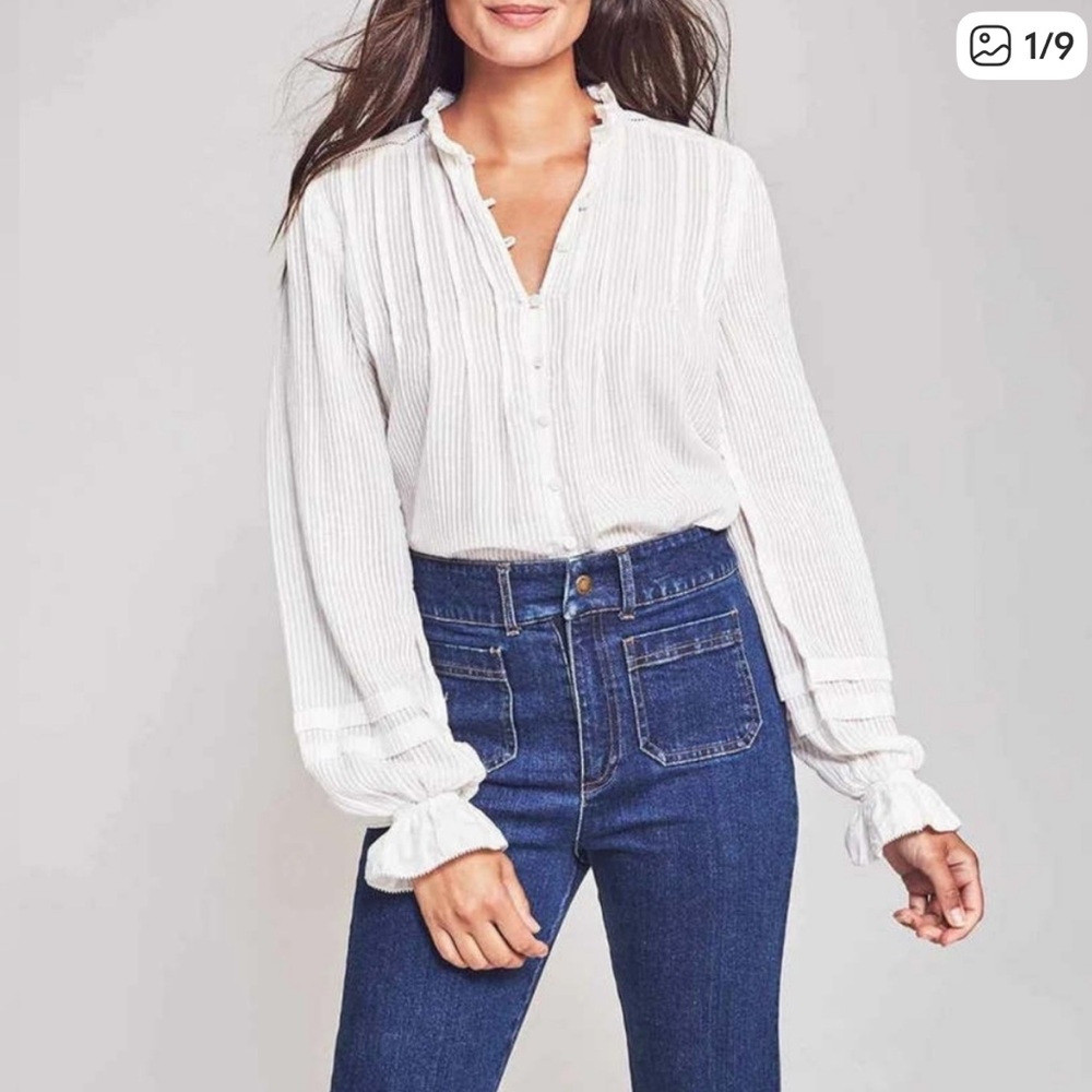 Faherty Willa Button Front Peasant Blouse In White Organic Cotton Small